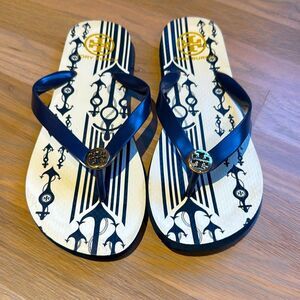 Tory Burch Navy Blue and Cream Logo Flip Flop Sandals